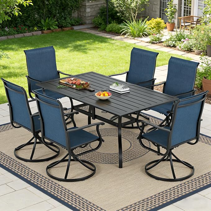 SUNCROWN 7-Piece Outdoor Patio Dining Set, All Weather Rectangular Metal Table & 6 Dark Blue Swivel Textilene Mesh Chairs, Weather Resistant Patio Furniture for Deck Lawn Garden Backyard Poolside