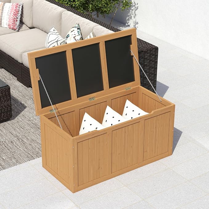 67 Gallon Outdoor Wooden Deck Box Solid Wood Storage Box Seat Table Top for Patio Furniture Cushions, Pool Toys Garden Tools