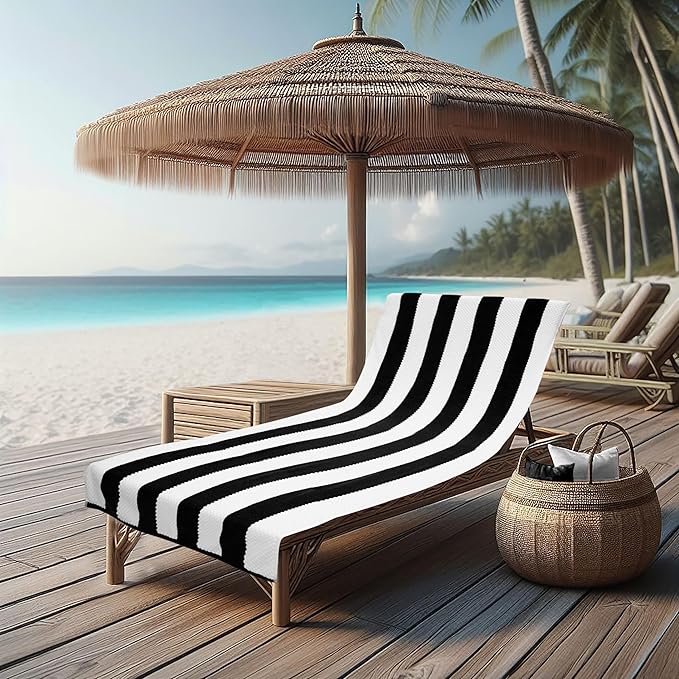 COTTON CRAFT Beach Lounge Chair Cover – 2 Pack Euro Spa Waffle Terry Towel Cabana Stripe Pool Chair Cover - 100% Cotton - 450 GSM Absorbent Quick Dry - Oversized 32 W x 82 L x 7 inch Pocket - Black