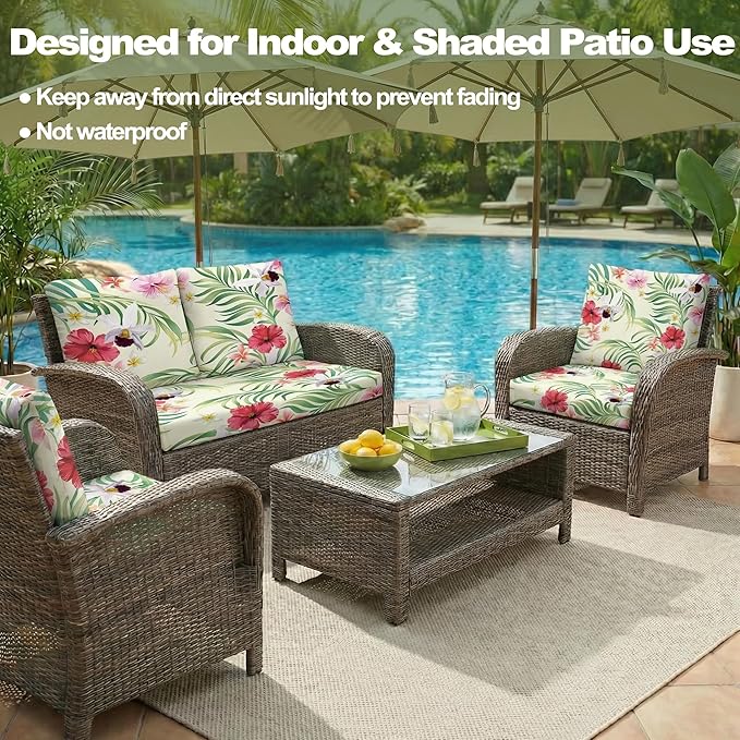 CALBODE 8 Pcs Stretch Outdoor Seat Cushion Covers, Washable Chair Seat Cover for Patio Furniture Cushions Soft Indoor and Outdoor Couch Cover Replacement (Tropical Floral, Beige,Cover Only)