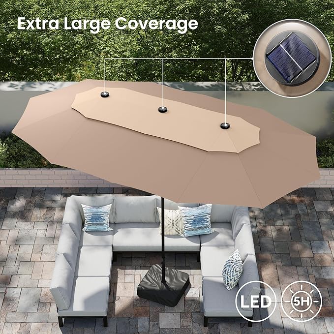 PHI VILLA 15ft 2-Tier Large Patio Umbrella with Solar Lights, Double-Sided Outdoor Market Rectangle Umbrellas with 36 LED Lights, Umbrella Base (Stand) Included, Beige&Tan