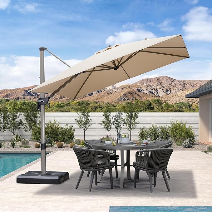 PURPLE LEAF 9’ X 9‘ Patio Umbrella Outdoor Cantilever Umbrella, Aluminum Offset Umbrella with Champagne Frame and 360° Rotation for Pool Deck Garden, Beige