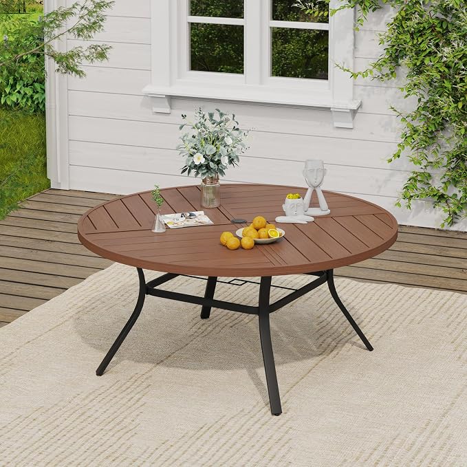 VICLLAX Patio Dining Set, 53.1" Walnut Table & 6 Chairs with Wheat Cushion | Outdoor Table and Chairs Set of Round Metal Patio Table, Outdoor Dining Chairs with Metal Frame, Garden Deck Porch