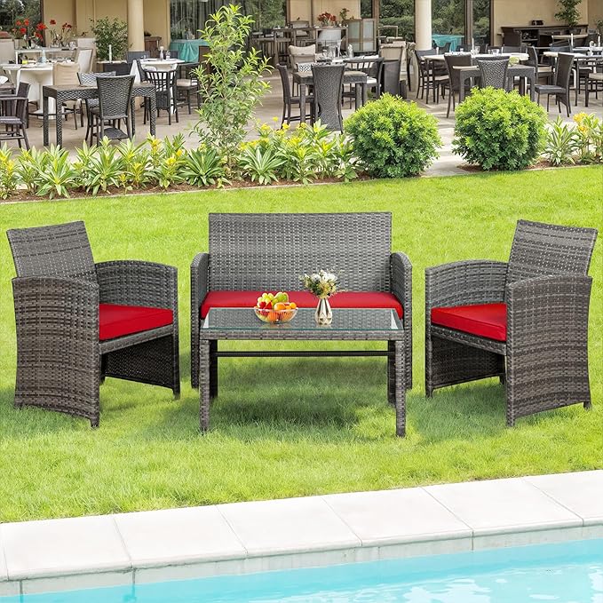 SUNLEI 4 Pcs Outdoor Patio Furniture Sets, Rattan Chair Wicker Conversation Set, Backyard Porch Garden Poolside Gray Rattan Sofa Chair with Cushion for Outdoor Indoor Use (Red)