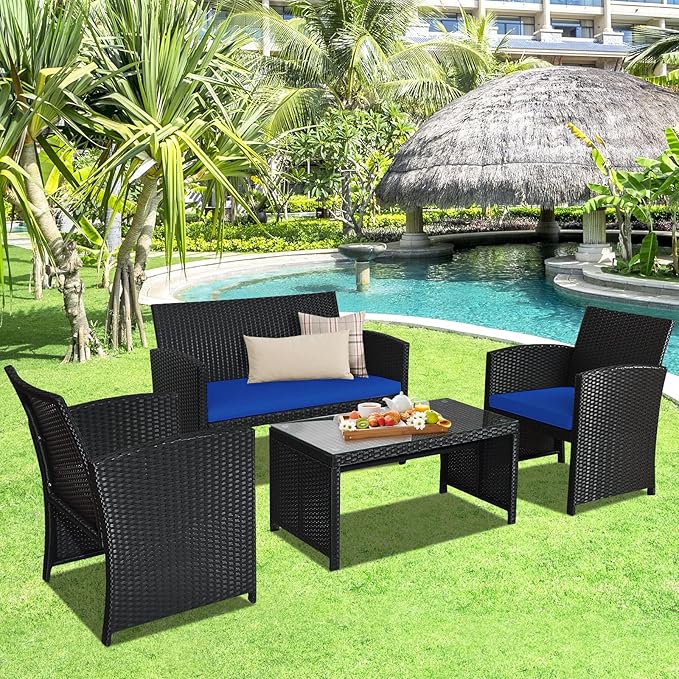 Goplus Rattan Patio Furniture Set 4 Pieces, Outdoor Wicker Conversation Sofa and Table Set with Soft Cushions & Tempered Glass Coffee Table for Balcony Garden Backyard (Blue)