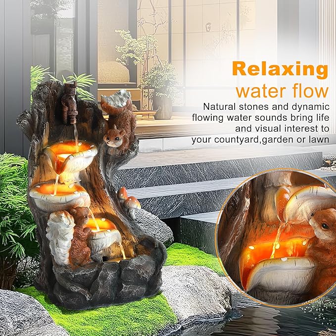 4-Tiers Indoor/Outdoor Garden Water Fountain - 22" Modern Cascading Water Fountains, Freestanding Resin Waterfall Fountain with 4 LED Lights, Squirrel & Mushroom for Deck Patio Porch Yard