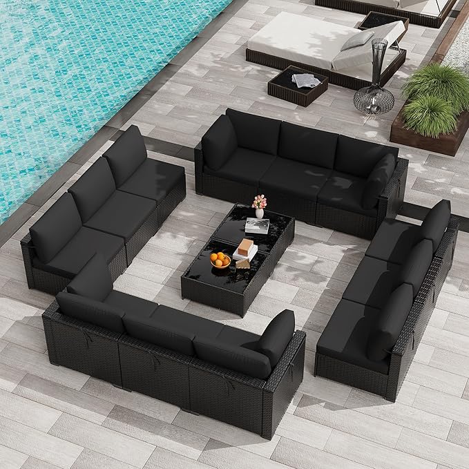KIGOTY Patio Furniture Set,14 Pieces Modular Outdoor Sectional Sofa, PE Rattan Patio Conversation Set, All Weather Wicker Patio Furniture with Cushions and Coffee Table（Black/Black）