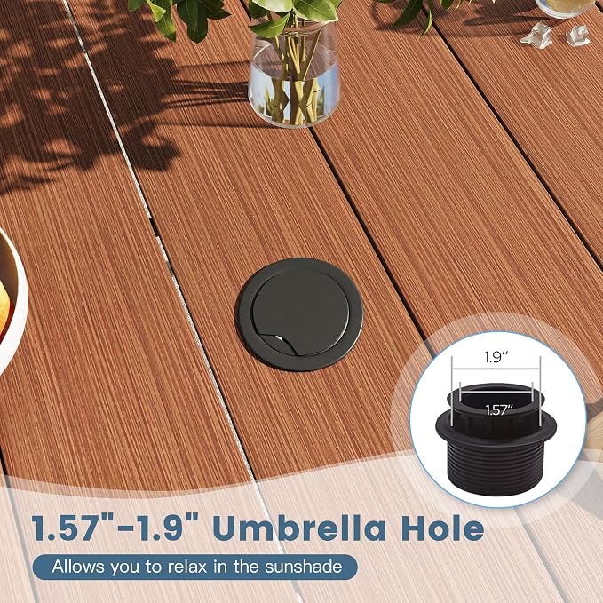 DIFY Outdoor Dining Table, Patio Square Metal Dining Table with 1.57" Umbrella Hole for 4 Person, Ideal for Poolside, Deck, Garden and Balcony, Walnut
