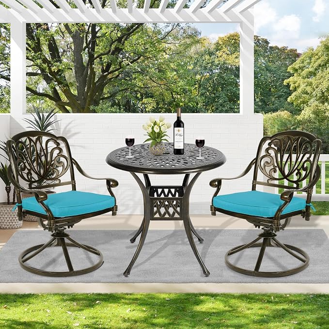 MEETWARM 3-Piece Outdoor Patio Dining Set, All-Weather Cast Aluminum Patio Conversation Set for Backyard Garden Deck with 2 Cushions Swivel Rocker Chairs and 31" Round Table, Umbrella Hole, Ocean Blue