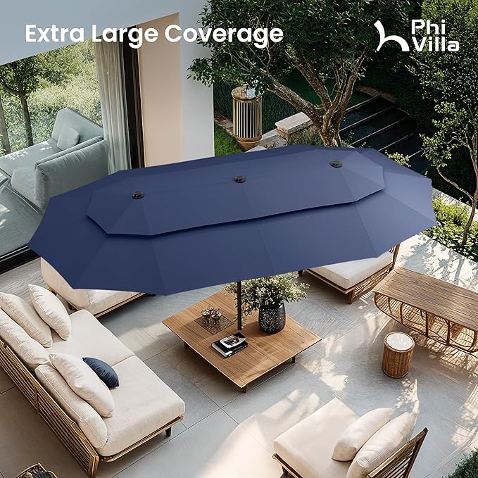 PHI VILLA 13ft Large Patio Umbrellas with Base Included, 2-Tier Double-Sided Outdoor Market Rectangle Umbrella for Outside, Blue