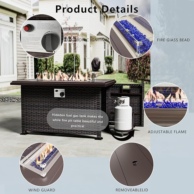 Outdoor Patio Furniture Set with Gas Fire Pit Table, 15 Pieces Outdoor Furniture Set Patio Sectional Sofa w/43in Propane Fire Pit, PE Wicker Rattan Patio Conversation Sets - Navy