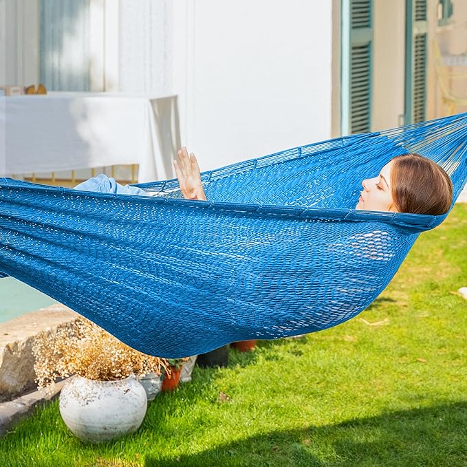 PNAEUT Handwoven Mayan Hammock, Thick Soft Rope Double Hammock for Outdoor Outside & Indoor, 600 lbs Capacity Heavy-Duty, Includes Tree Straps, Carabiners & Carrying Bag (Glacial Lake Blue, X-Large)
