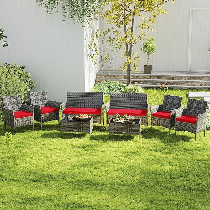 Tangkula 8 Pieces Patio Rattan Conversation Set, Outdoor Wicker Furniture Set with Cushioned Chair, Loveseat & Tempered Glass Table, Outside Sectional Sofa Set for Backyard (G-red,2)