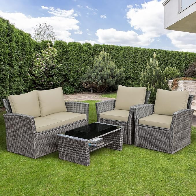 Tangkula 4 Pieces Patio Furniture Set, All Weather Outdoor Sectional Rattan Sofa Set with Cushions & Tempered Glass Table, Wicker Conversation Couch Set for Backyard Garden Poolside