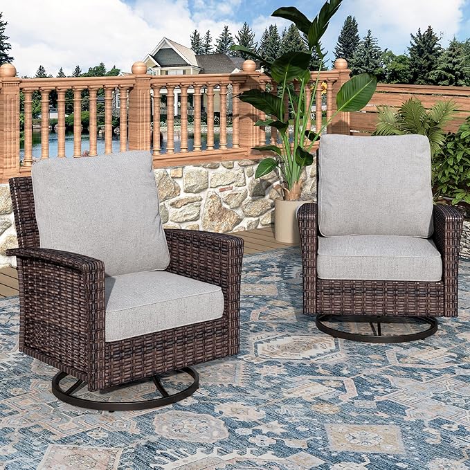 Swivel Patio Wicker Chairs Set of 2, High Back Outdoor Swivel Patio Rattan Chairs with 5.5" Thick Cushions for Bistro Balcony Porch Deck and Yard, Light Grey