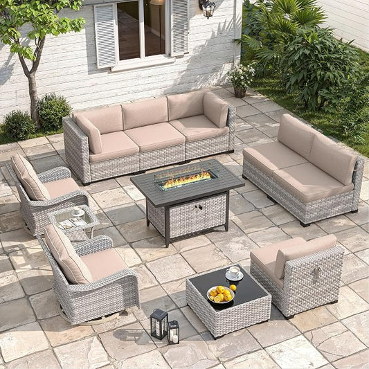 8-Seat Outdoor Wicker Patio Furniture Set with Fire Pit Table, Modular Rattan Sectional Sofa & 2 Swivel Rocking Chairs, 4" Thick Cushions, Rust-Resistant Frame,Beige