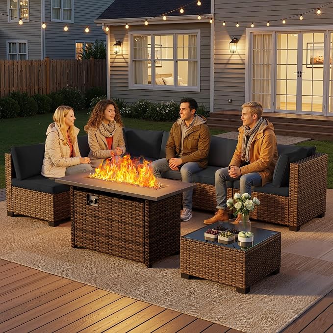 Qsun 8 Pieces Outdoor Patio Furniture Set with 44.9" Fire Pit Table, All-Weather Wicker Outdoor Patio Sectional Set with Coffee Table, for Backyard Poolside Garden Porch, Black