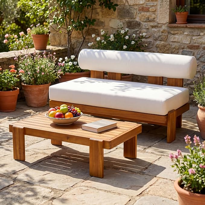 Christopher Knight Home Phobo Acacia Wood Outdoor Loveseat and Coffee Table Set, 2 Piece Patio Furniture Set with Cushion, Outdoor Conversation Set with Slatted Design for Backyard, Teak + Beige