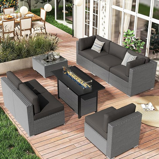 SUNCROWN Outdoor Patio Furniture Set 8 Piece Outdoor Sectional Sofa Grey Wicker Conversation Sofa Set with Coffee Table, Cushions and Fire Pit Table, Grey