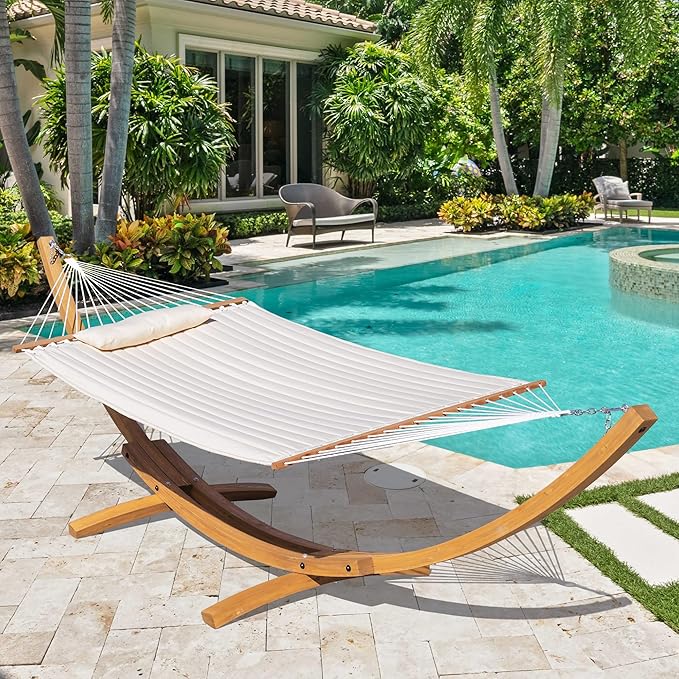 Lazy Daze Hammocks 12 FT Double Quilted Fabric Hammock and 13 FT Natural Wood Arc Stand, with Spreader Bar, Removable Pillow, 2 Person Hammock for Poolside Outdoor Patio, 450 lbs Capacity, Natural