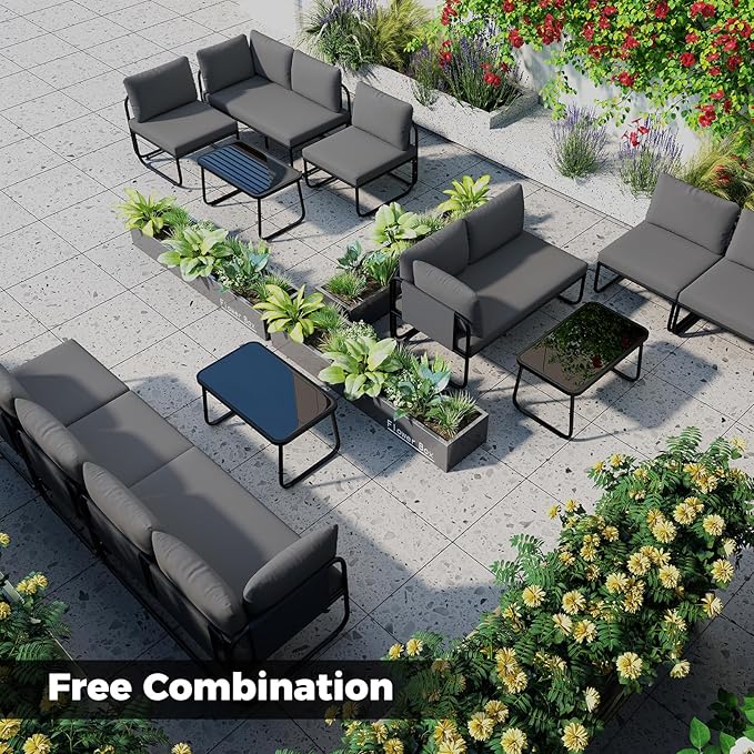 Tangkula 4 Pieces L Shaped Patio Furniture Set, Outdoor Metal Sectional Sofa Couch with Cushions and Tempered Glass Coffee Table, Outside Conversation Set for Garden, Deck and Yard (Gray,2)