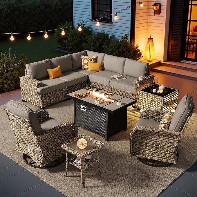 HOOOWOOO Sectional Patio Furniture Set with Fire Pit Table,10 Pieces Wicker Outdoor Furniture L Shaped Couch,Outside Conversation Set Extra Deep Seat Sofa Wide Arm Swivel Chair Solar Table,Dark Gray