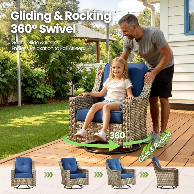 3 Piece Patio Furniture Set, Outdoor High Back Swivel Rocker Chairs Set of 2 with Side Table, All Weather Wicker Glider Chair with Thick Cushions for Backyard Balcony Porch, Navy Blue