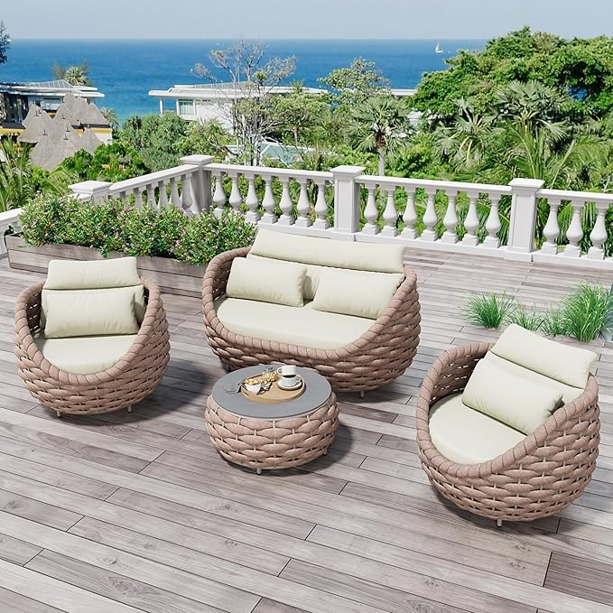 4 Piece Aluminum Patio Furniture: Hand Woven Rope Sofa - Modern Outdoor Sofa Seating with Cushion - All Weather Patio Set for Deck, Yard, Garden, Poolside, Hotel - Terracotta