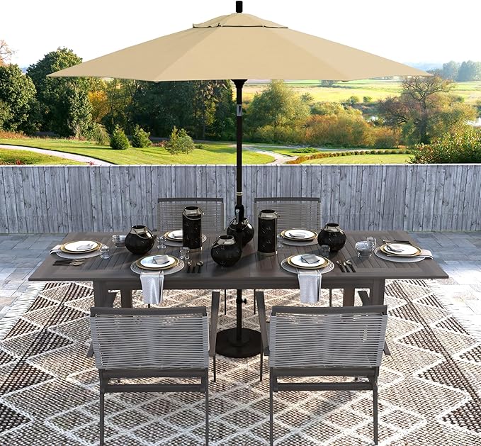 California Umbrella 9' Round Aluminum Market Umbrella, Crank Lift, Push Button Tilt, Bronze Pole
