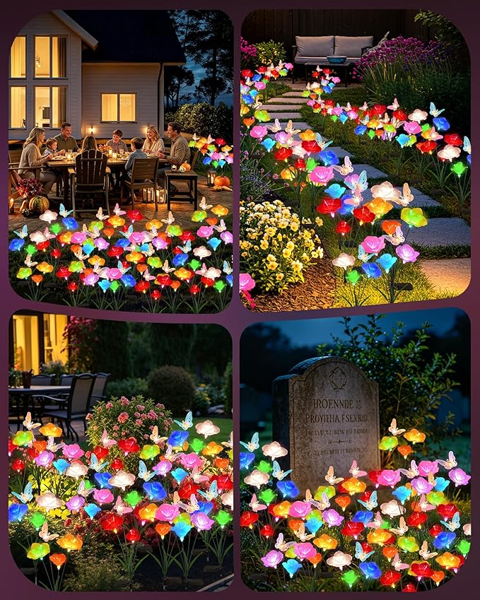 Solar Garden Lights Outdoor Waterproof 2 Pack Swaying Butterfly Light with 7- Color Changing Rose Flowers Solar Lights for Outside Garden Decor Lawn Yard Patio Path,Gifts for Mother's Day Women