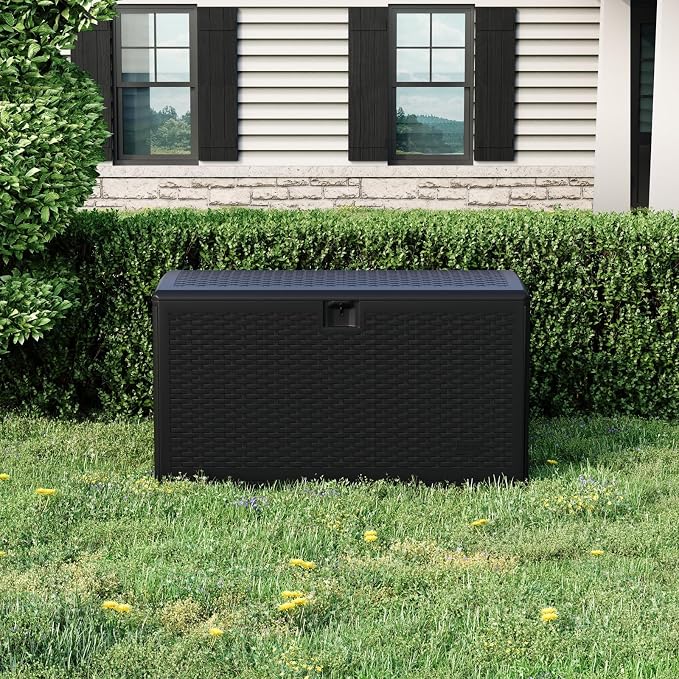120 Gallon Waterproof Resin Deck Box Large Lockable Storage Container with Hydraulic Rod for Patio Furniture Tools Pool Garden Outdoor Indoor Black 50"L x 26"W x 25"H