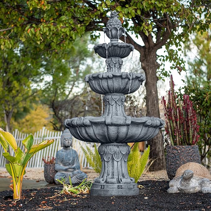 XBrand 58.3" 3-Tier Outdoor Freestanding Water Fountain - Classic Leaf Design, White Resin, Large Bird Bath with Pump - Ideal for Yard, Lawn and Garden, Porch Décor