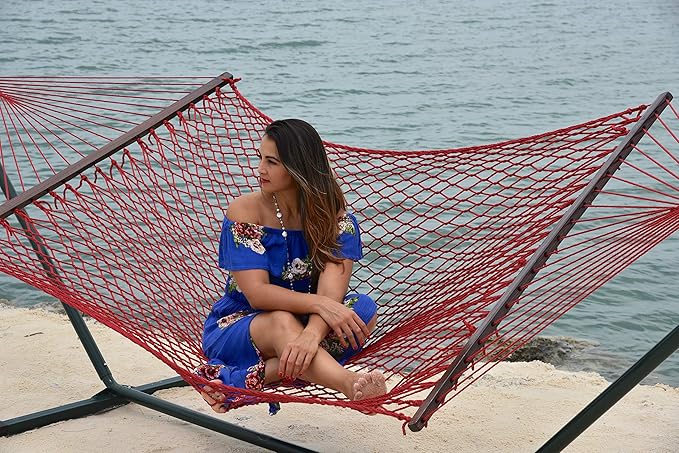 Island Escape Rope Hammock and Stand Set (Mocha Stand and Red Hammock)