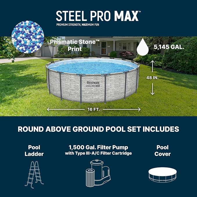 Bestway Steel Pro MAX Above Ground Swimming Pool Set (16' x 48") | Round Outdoor Backyard Family Pool Features Realistic Stone Pool Liner | Includes 1500gal Filter Pump, 48" Ladder and 16' Pool Cover