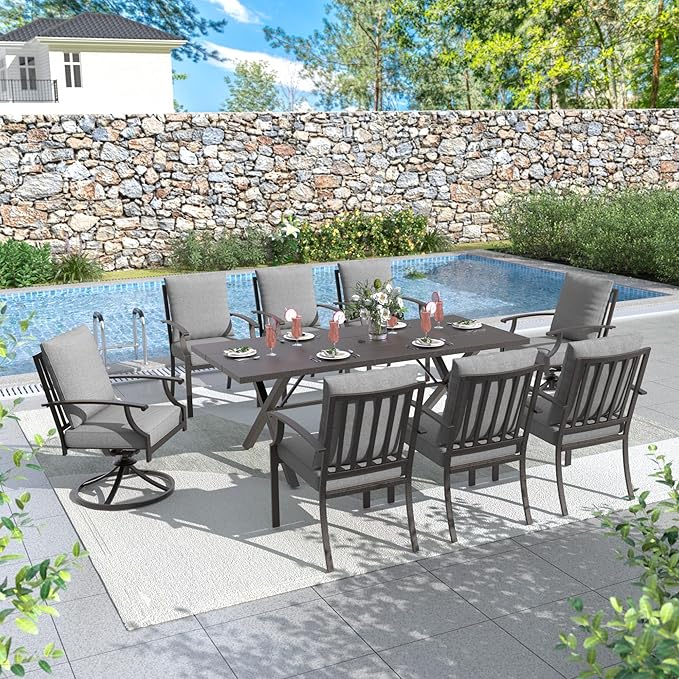 ALAULM 9-Piece Patio Dining Table and Chairs for 8 Outdoor Dining Set with 2 Swivel Chairs Patio Dining Sets with Rectangular Metal Table with Umbrella Hole for Patio, Backyard, Garden-Grey