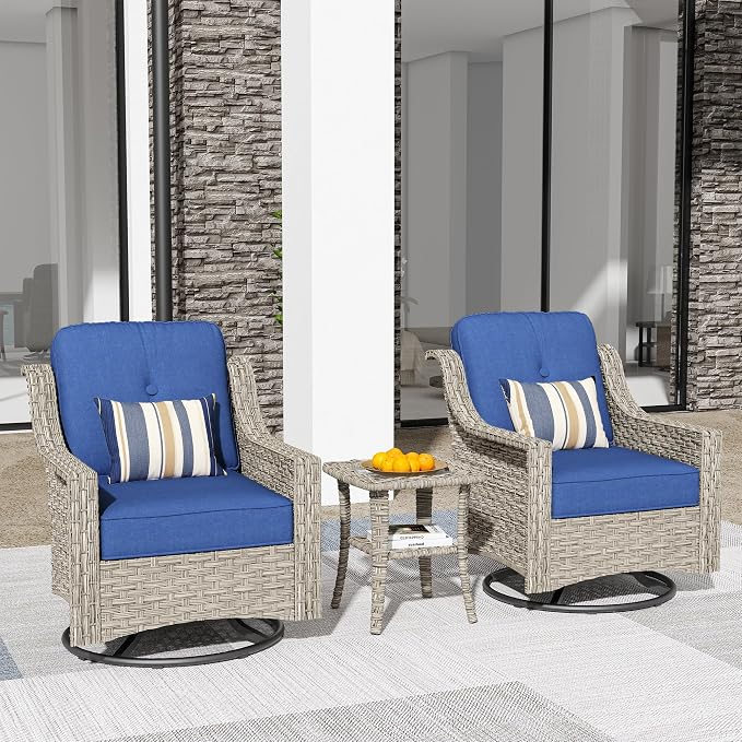 HOOOWOOO 3 Piece Patio Furniture Bistro Sets,Outdoor Wicker Swivel Rocking Chairs with Table Set,All Weather Resistant High Back Rattan Conversation Set(Denim Blue)