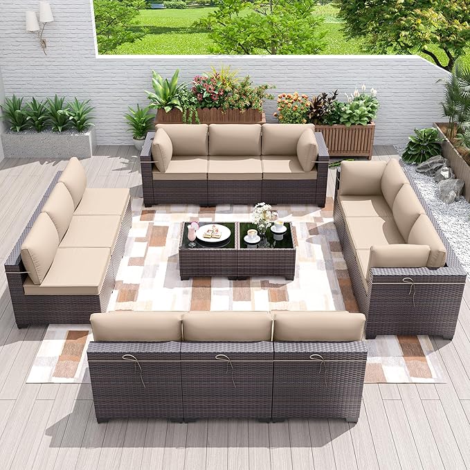 Patio Furniture Set 14-Piece Outdoor Furniture for Backyard Wicker Sectional Sofa Set, PE Rattan Patio Conversation Set 12 Seat with 4 Inch Thickened Cushions and Glass Coffee Tables, Sand