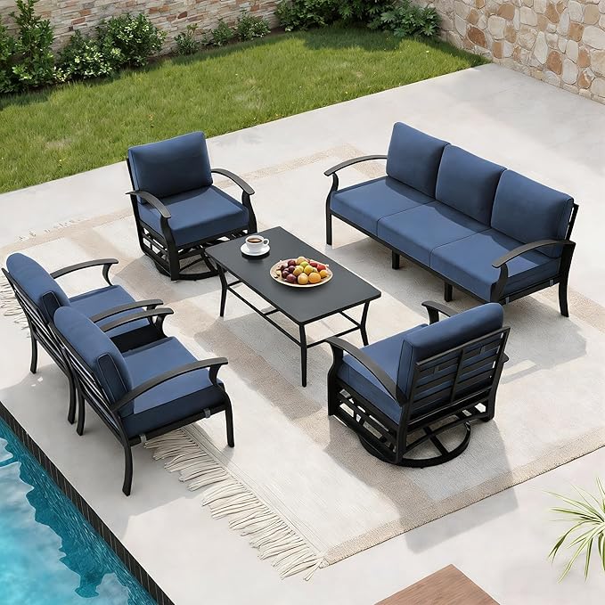 Aluminum Outdoor Patio Furniture Set,7 Seats Patio Conversation Sets with Rectangular Coffee Table,Metal Patio Sectional Furniture Set with 2 Swivel Rocking Chairs,Navy Blue