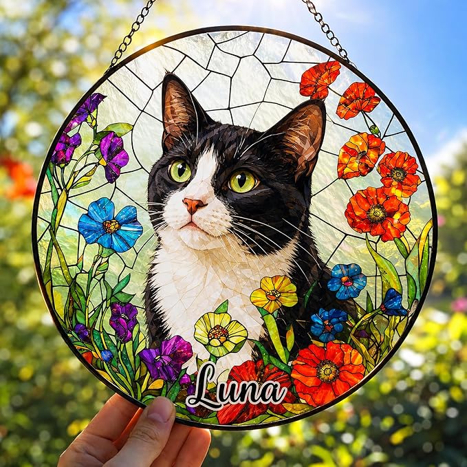 Personalized Vintage Cat Stained Glass Suncatcher - Custom Photo Name Round Window Hanging Panel Portrait Plaque Feline Pet Decor Christmas Birthday Gift for Cat Lovers
