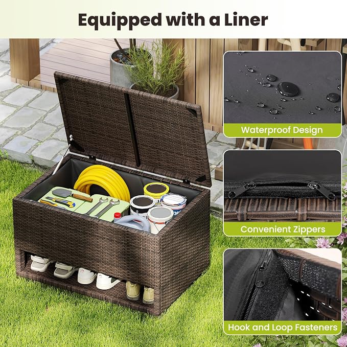 RELAXLIFE 48-Gallon Outdoor Storage Box - PE Wicker Patio Storage Bin w/Shoe Rack Shelf, Protective Liner for Cushion, Garden Tools, Pool Supplies, Backyard Pillows, Outside Furniture Rattan Deck Box