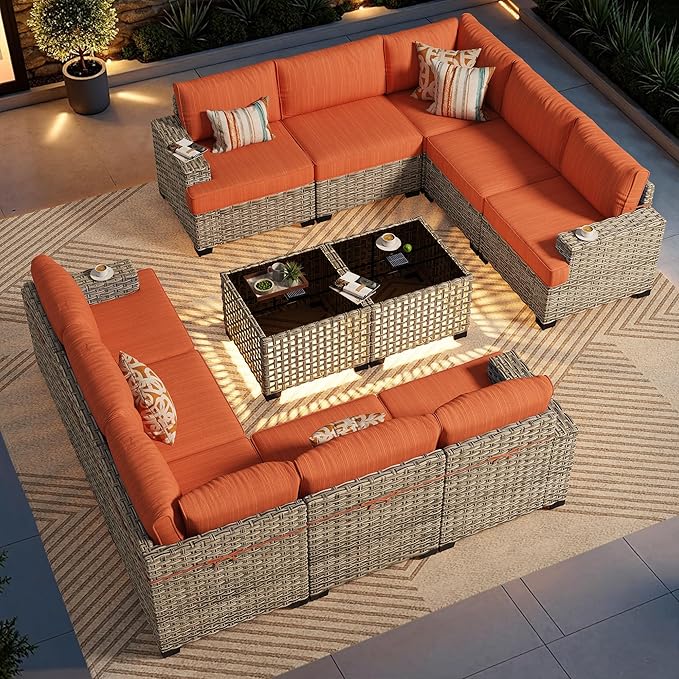 Patio Furniture Sets 12 Pieces Outdoor Sectional Rattan Sofa Manual Weaving Wicker Patio Conversation Set with Ottomans and T Cushion(Red)