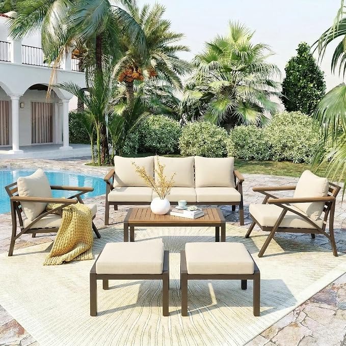 Outdoor Patio Furniture Set, 6-Piece Steel Frame Sofa Set with Acacia Wood Coffee Table, 3-Seat Couch, 2 Armchairs, 2 Ottomans, Cushioned Seating for Backyard, Garden, Poolside (Brown,Cream Beige/51)