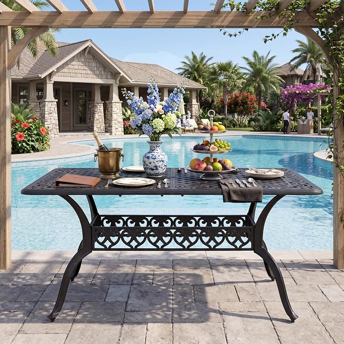 NUU GARDEN 60" Outdoor Dining Table with 2.09" Umbrella Hole, All Weather Cast Aluminum Outdoor Patio Table, 6-8 Person Rectangle Dining Table, Backyard Bistro Table for Garden, Poolside, Black
