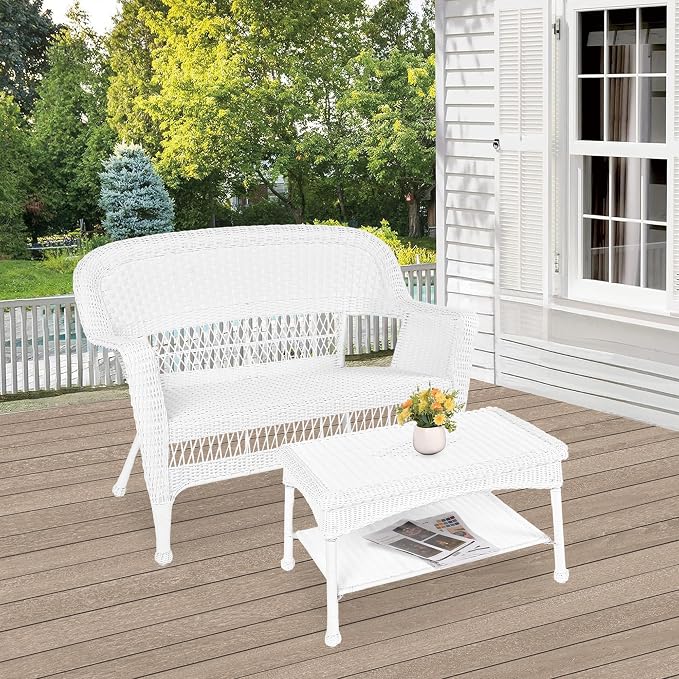 Jeco Wicker Patio Love Seat and Coffee Table Set without Cushion, White