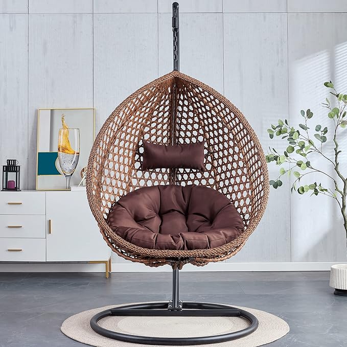 Hanging Egg Swing Chair with Stand, Rattan Wicker Hanging Egg Chair Hammock Indoor with Cushions, Swinging Chair for Bedroom Outdoor Patio Balcony Backyard Sunroom Heavy Duty 350LBS (Brown)