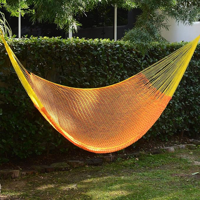 NOVICA Bright Yellow Orange Hand Woven Nylon Mayan 1 Person Rope Hammock with Hanging Accessories, 'Daffodil Dreams' (Single)