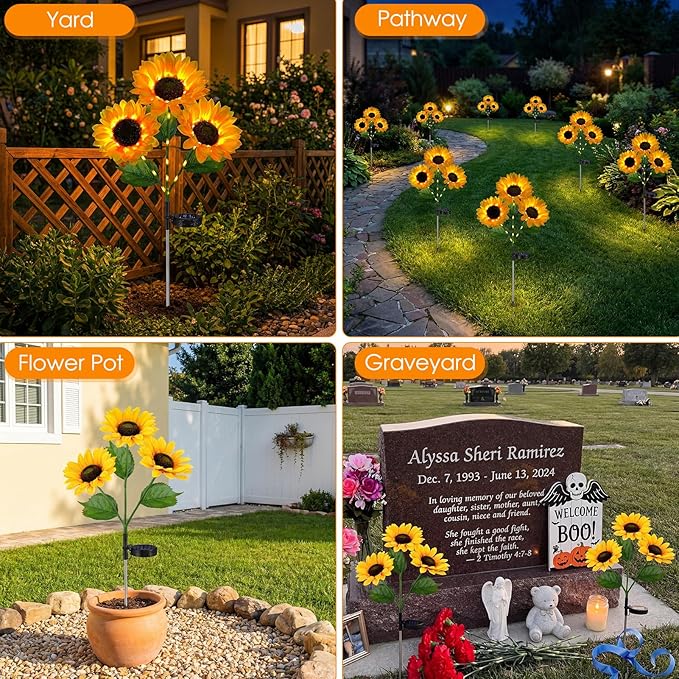 Solar Sunflowers Outdoor Waterproof, 3 Pack Solar Flowers Stake Lights with 9 Big Realistic LED Sunflower for Yard, Garden, Cemetery Grave, Lawn, Flower Pot, Fall Outside Decorations (Sunflowers)