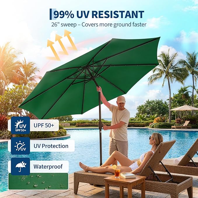 Garvee 9FT Patio Umbrella with 32 Solar LED Lights, Outdoor Table Market Umbrella with Tilt and Crank, 8 Sturdy Iron Ribs Sun Shade for Garden, Deck, Backyard and Pool, Dark Green