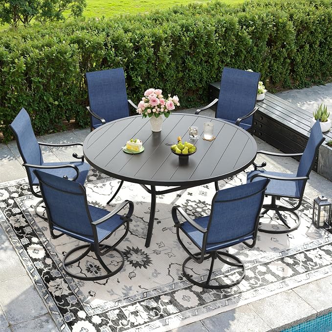 DIFY 7 Pieces Outdoor Dining Set for 6, Outdoor Furniture Set of 6 Blue Textilene Swivel Patio Chairs, 50" Black Round Metal Dining Table with Umbrella Hole, for Garden Deck Backyard