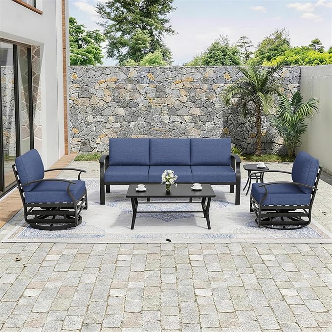 Kurapika Aluminum Patio Furniture Set 5-Seat Modern Outdoor Conversation Sets w/Swivel Rocking Chairs with Rectangular Coffee Table, Navy Blue